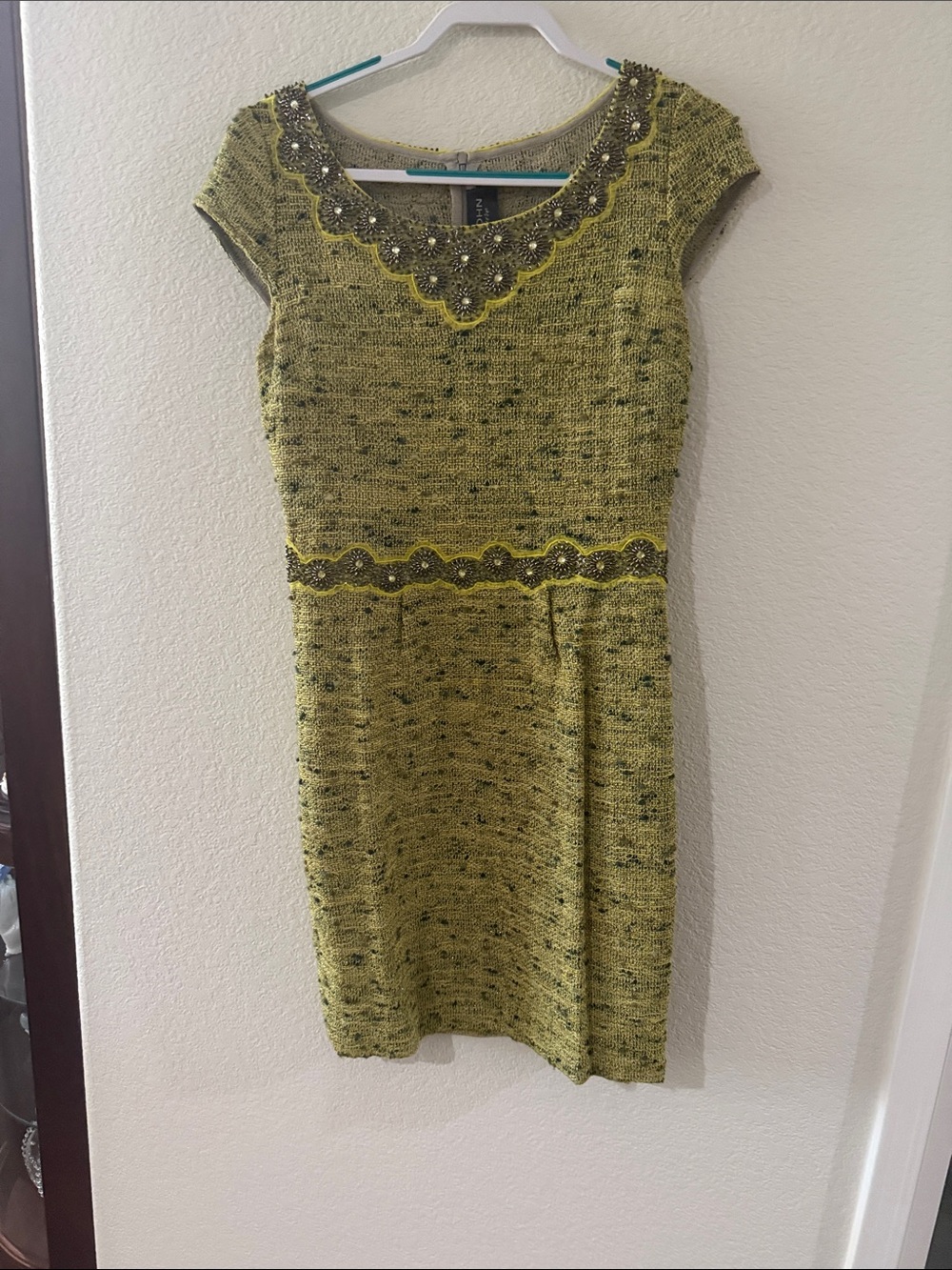 St. John Yellow Tweed Beaded Scoop Neck Mini Dress